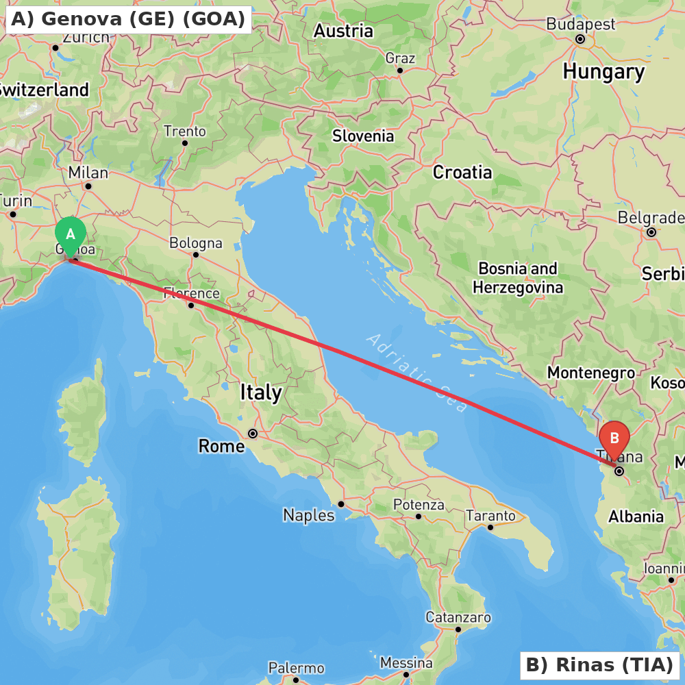 Flight route map from Genova (GE) to Rinas