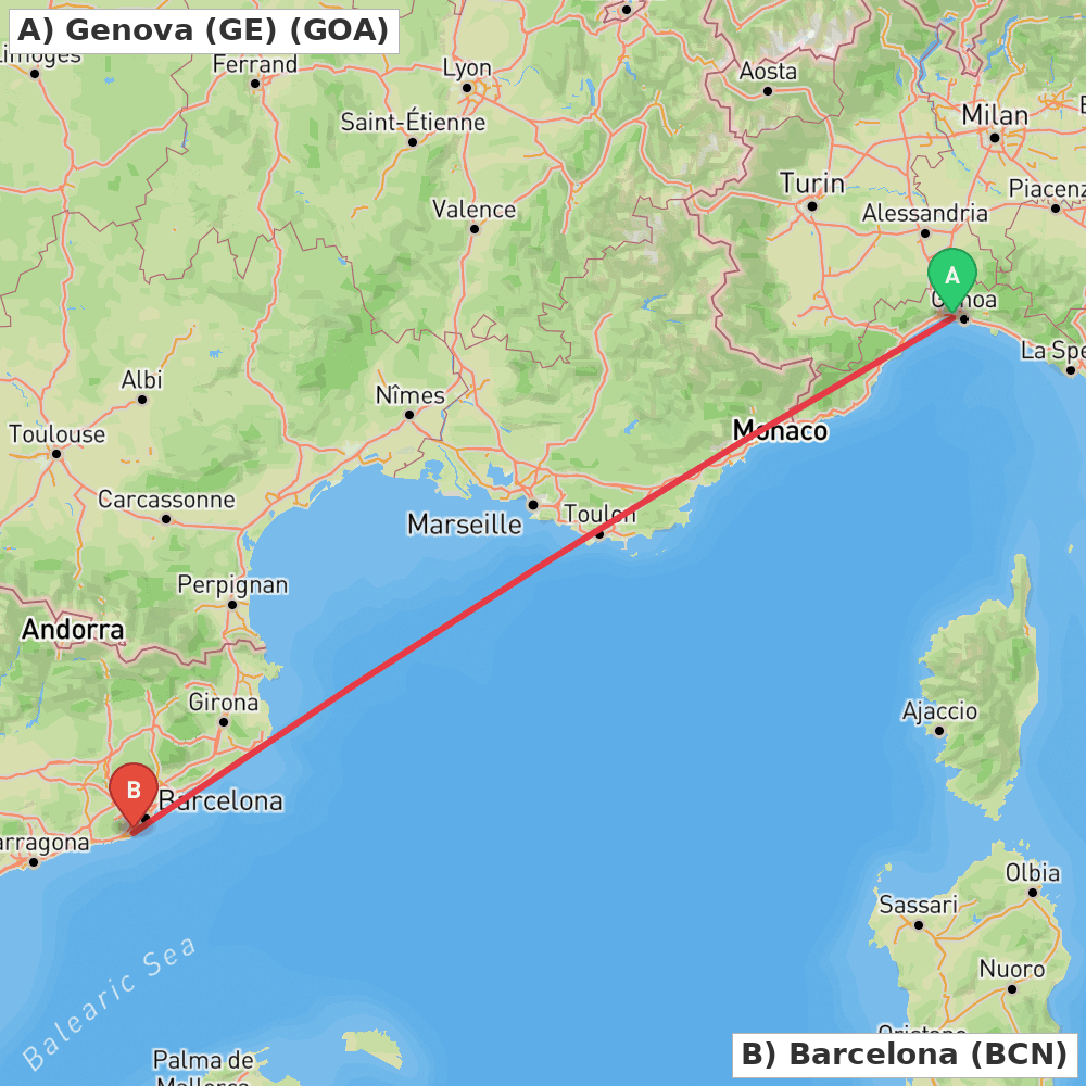 Flight route map from Genova (GE) to Barcelona