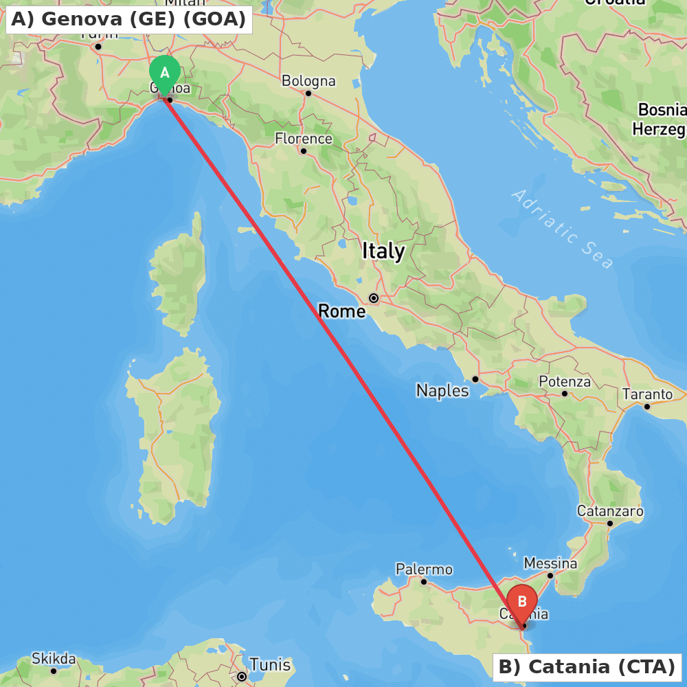 Flight route map from Genova (GE) to Catania