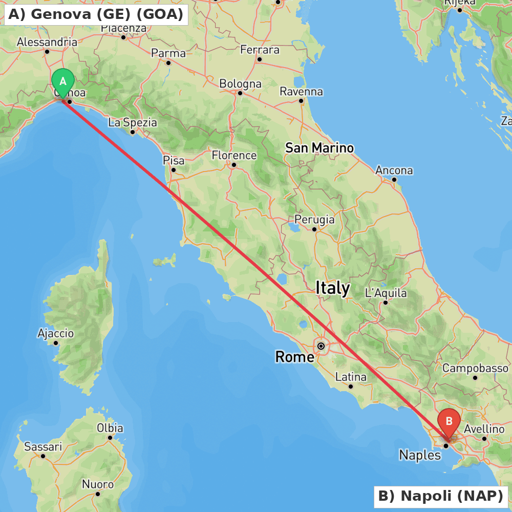 Flight route map from Genova (GE) to Napoli