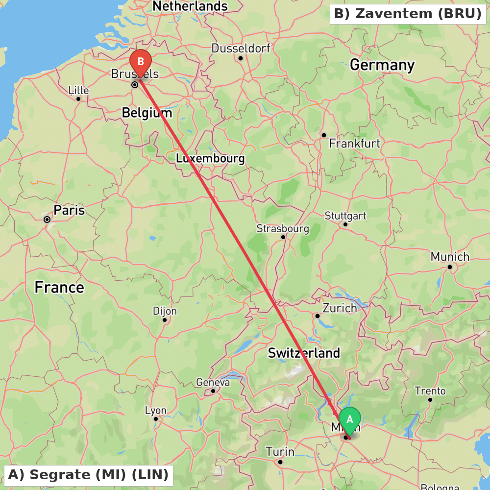 Flight route map from Segrate (MI) to Zaventem