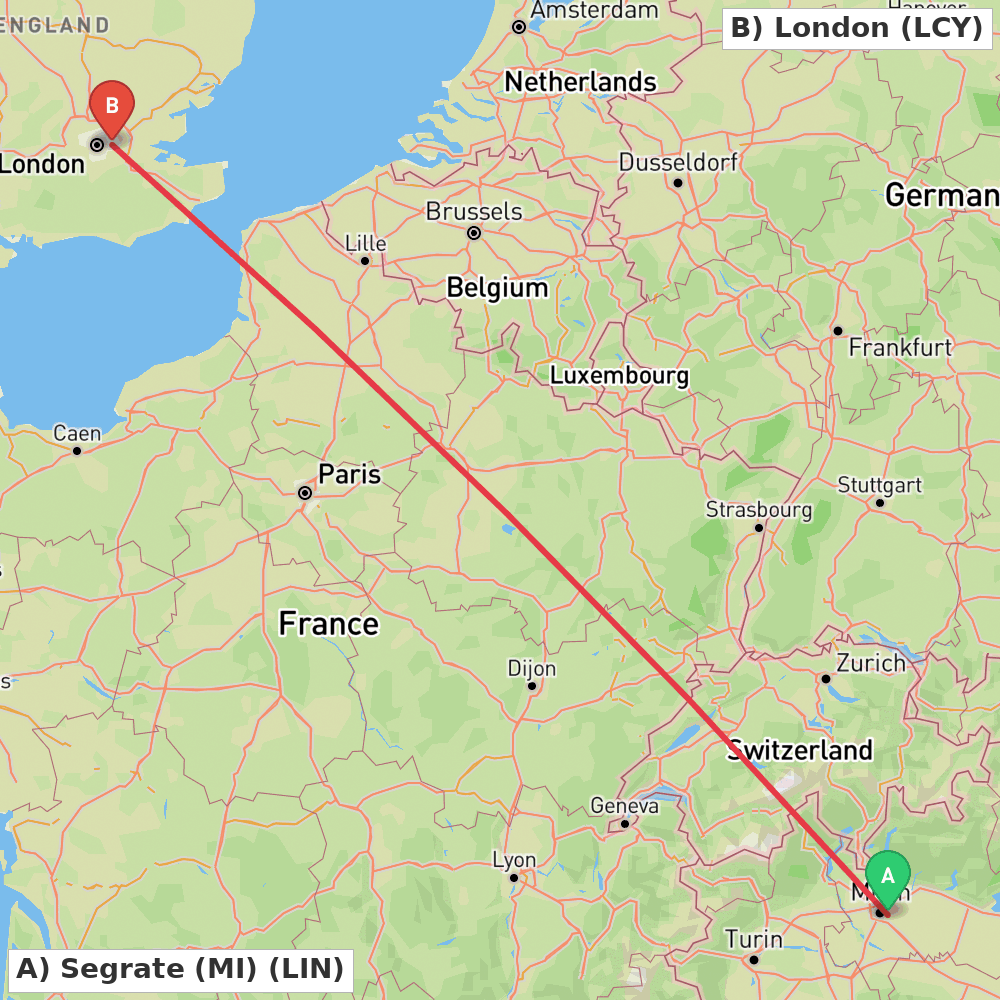 Flight route map from Segrate (MI) to London