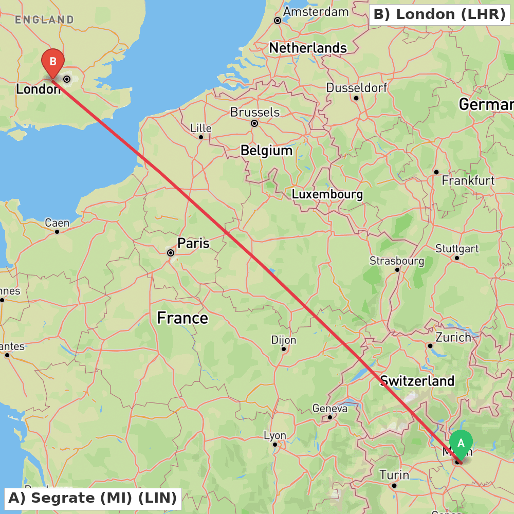 Flight route map from Segrate (MI) to London