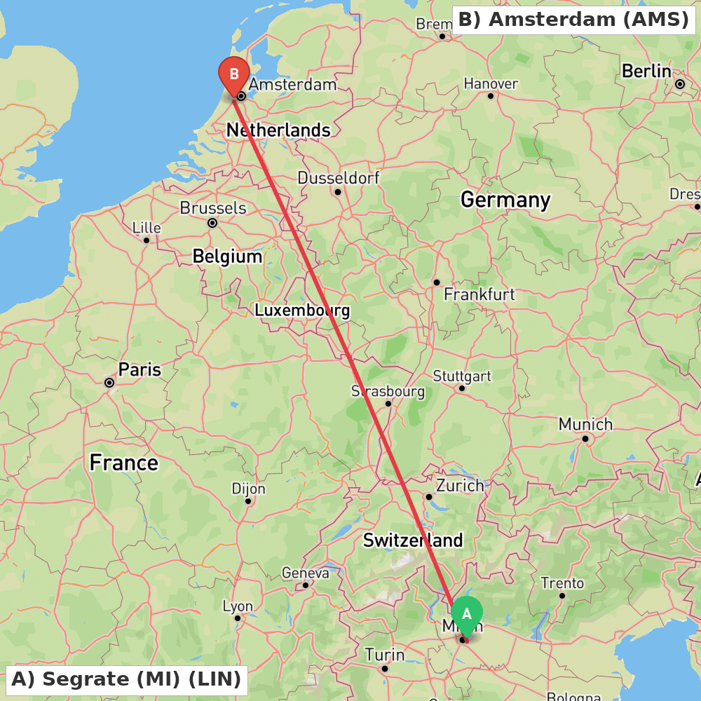 Flight route map from Segrate (MI) to Amsterdam