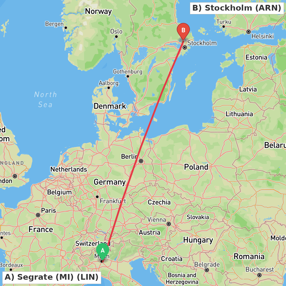 Flight route map from Segrate (MI) to Stockholm