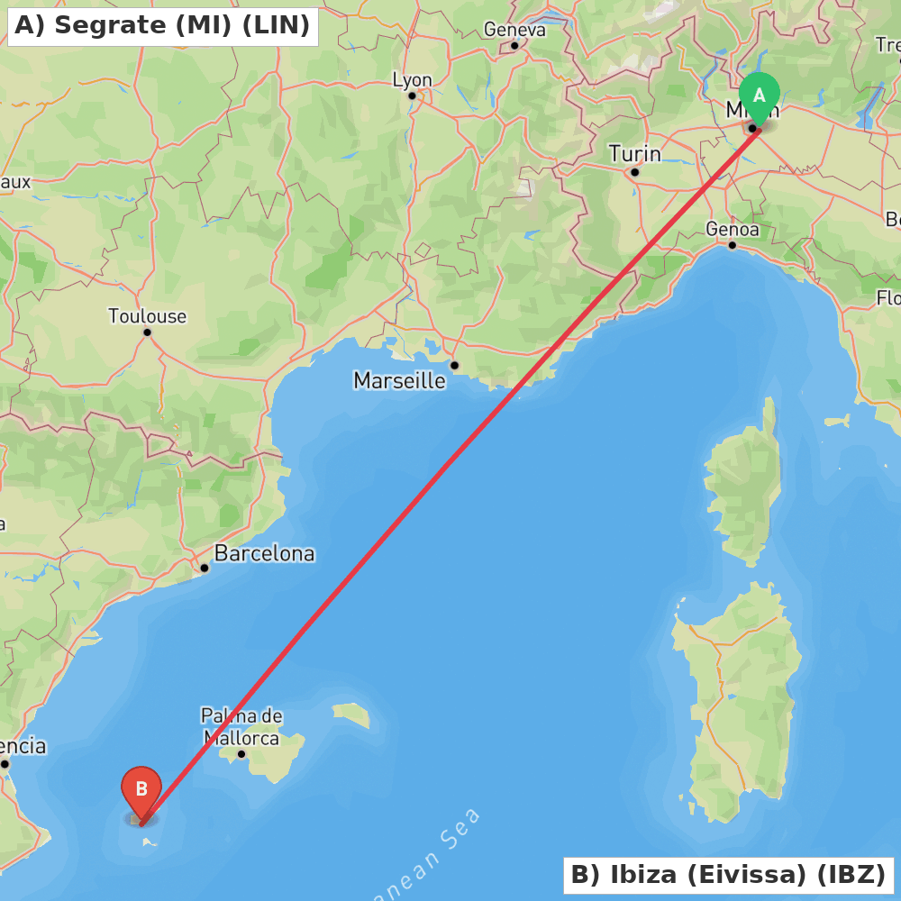 Flight route map from Segrate (MI) to Ibiza (Eivissa)
