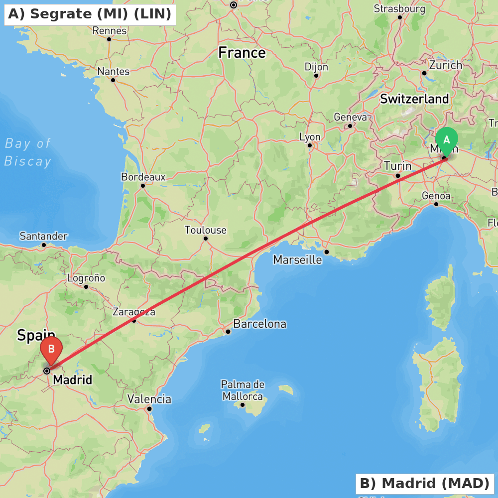 Flight route map from Segrate (MI) to Madrid