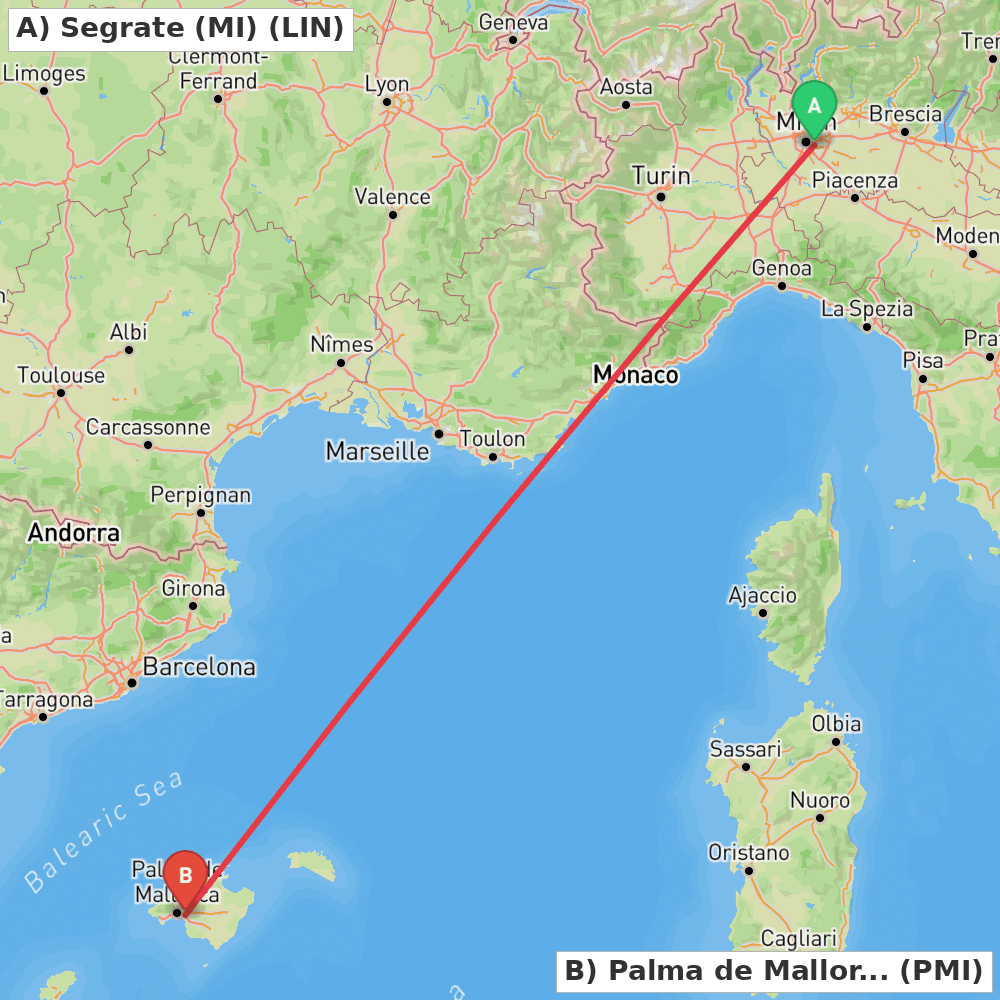 Flight route map from Segrate (MI) to Palma de Mallorca