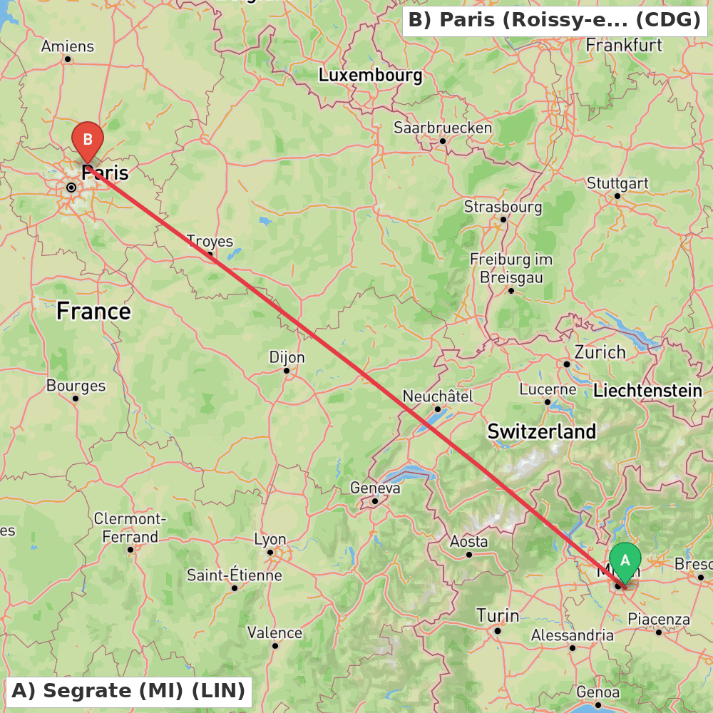 Flight route map from Segrate (MI) to Paris (Roissy-en-France, Val-d'Oise)