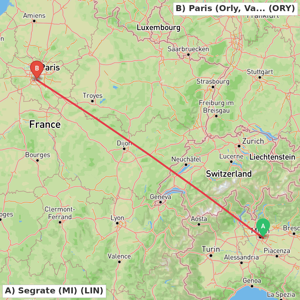Flight route map from Segrate (MI) to Paris (Orly, Val-de-Marne)