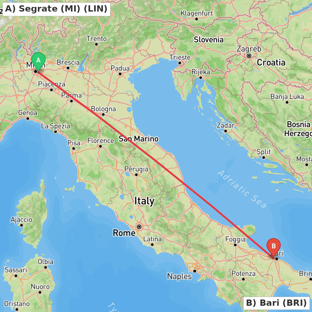 Flight route map from Segrate (MI) to Bari