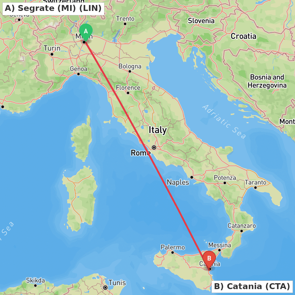 Flight route map from Segrate (MI) to Catania