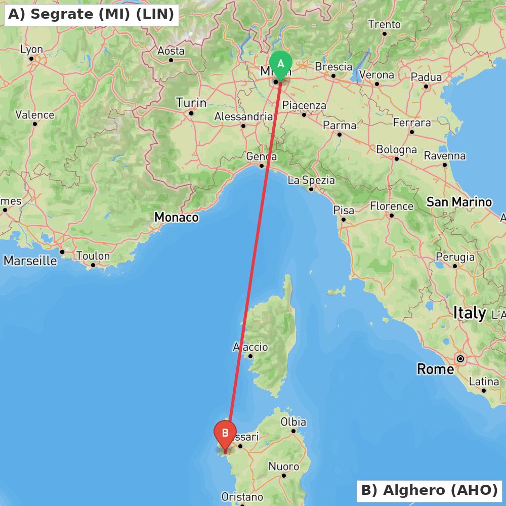Flight route map from Segrate (MI) to Alghero