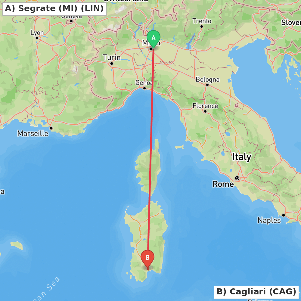 Flight route map from Segrate (MI) to Cagliari