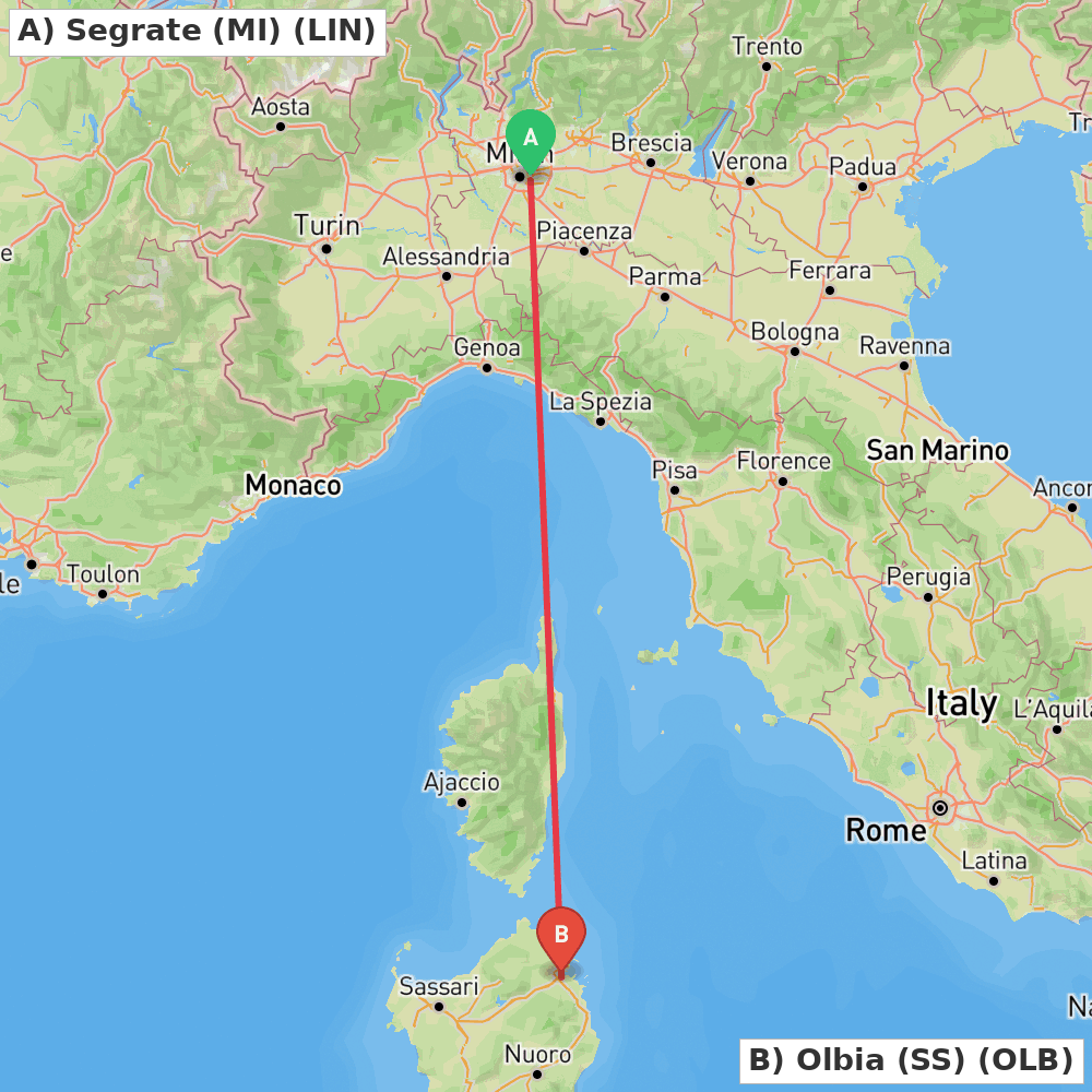 Flight route map from Segrate (MI) to Olbia (SS)