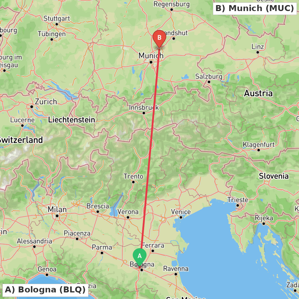 Flight route map from Bologna to Munich