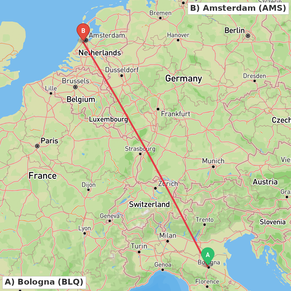 Flight route map from Bologna to Amsterdam