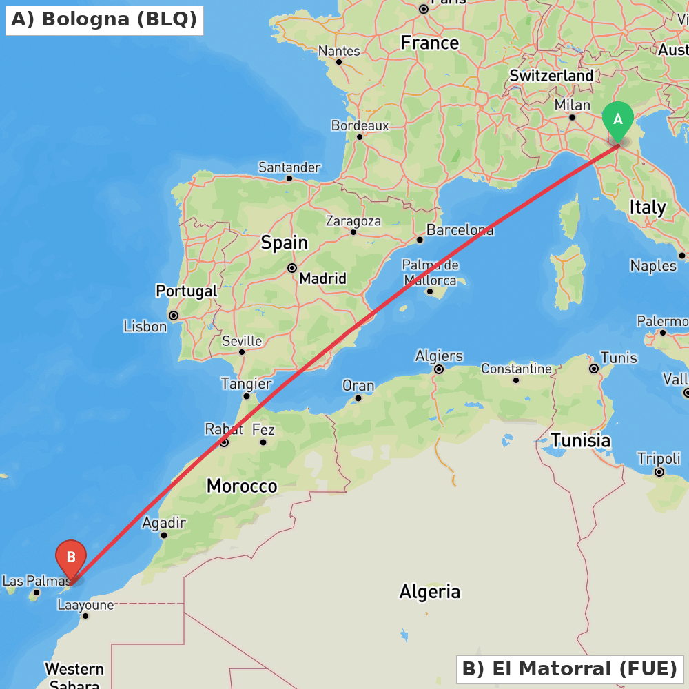 Flight route map from Bologna to El Matorral