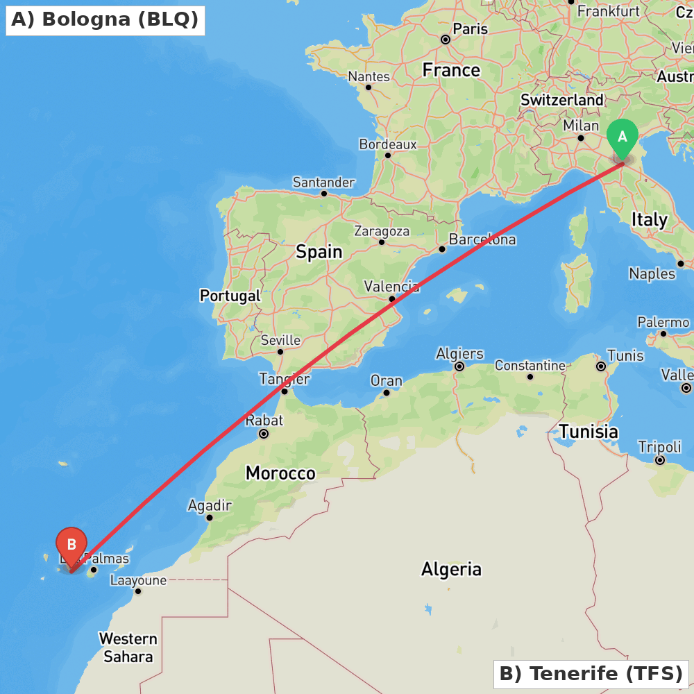 Flight route map from Bologna to Tenerife