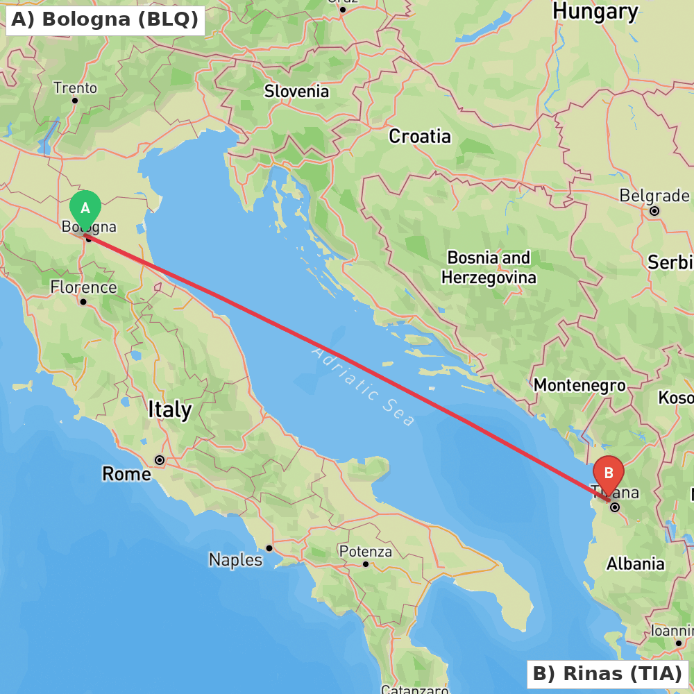 Flight route map from Bologna to Rinas