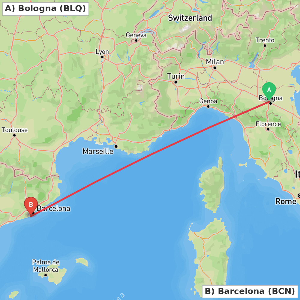 Flight route map from Bologna to Barcelona