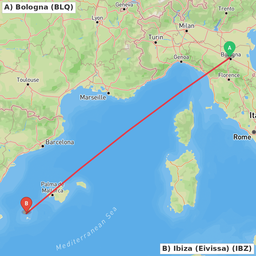 Flight route map from Bologna to Ibiza (Eivissa)