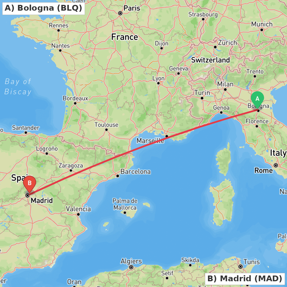 Flight route map from Bologna to Madrid