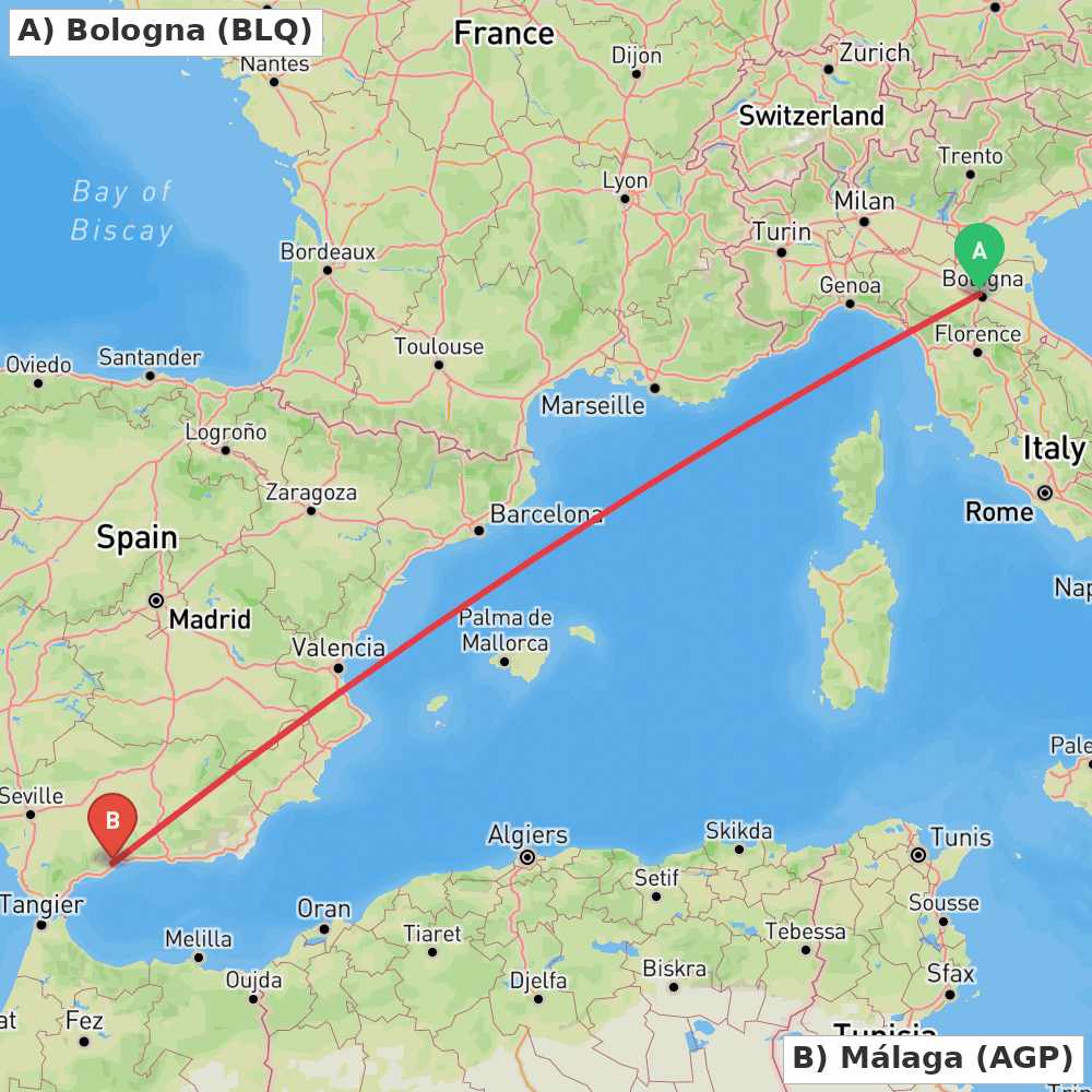 Flight route map from Bologna to Málaga