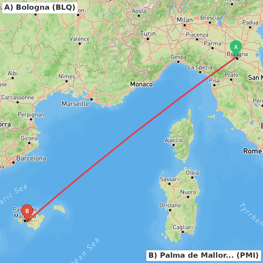 Flight route map from Bologna to Palma de Mallorca