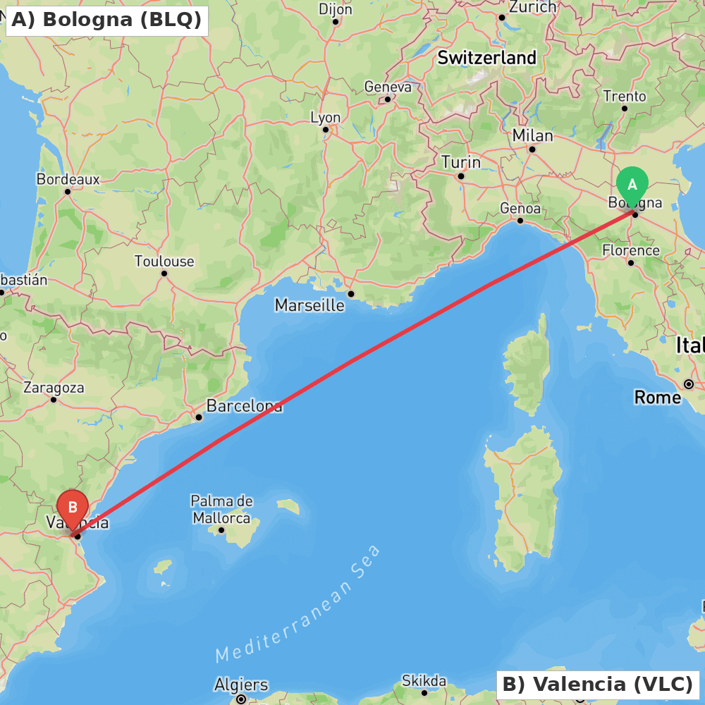 Flight route map from Bologna to Valencia