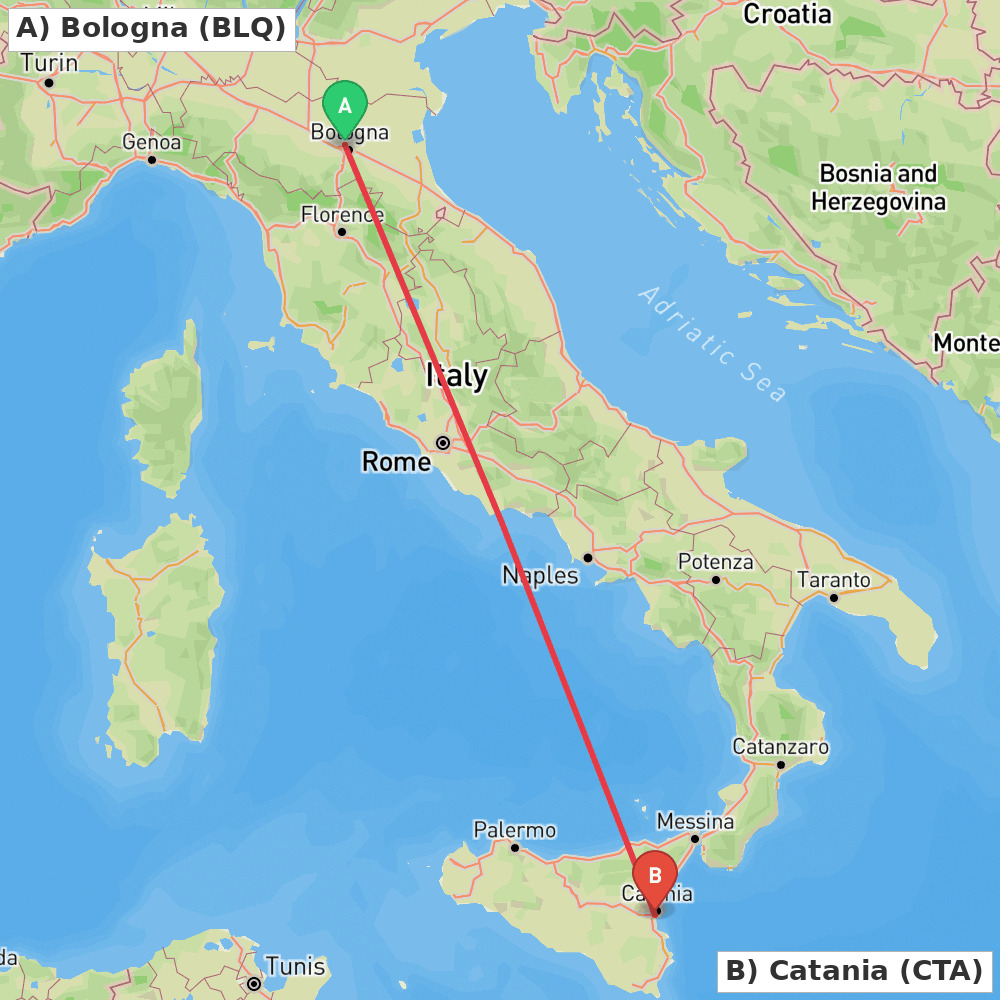 Flight route map from Bologna to Catania