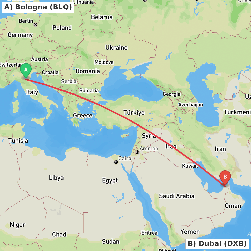 Flight route map from Bologna to Dubai