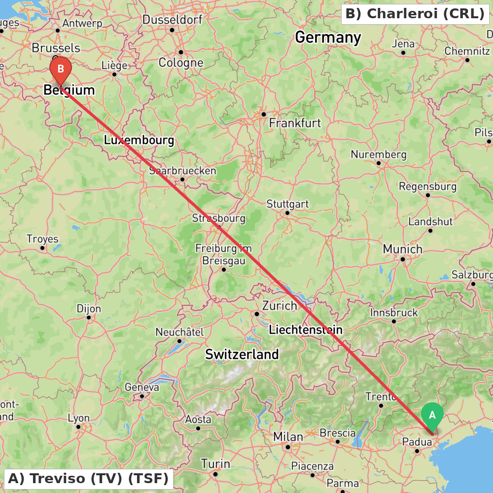 Flight route map from Treviso (TV) to Charleroi