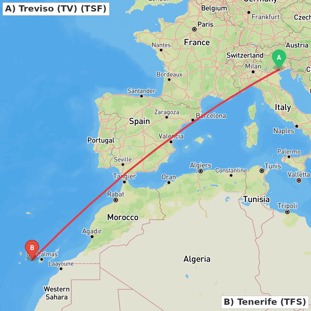 Flight route map from Treviso (TV) to Tenerife
