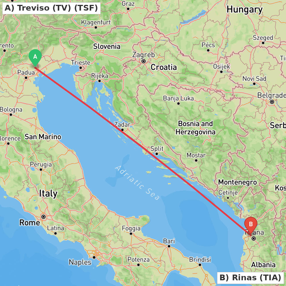 Flight route map from Treviso (TV) to Rinas