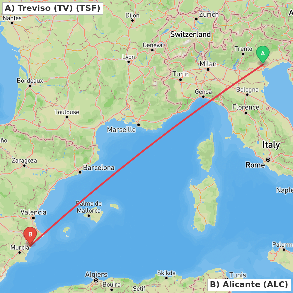 Flight route map from Treviso (TV) to Alicante