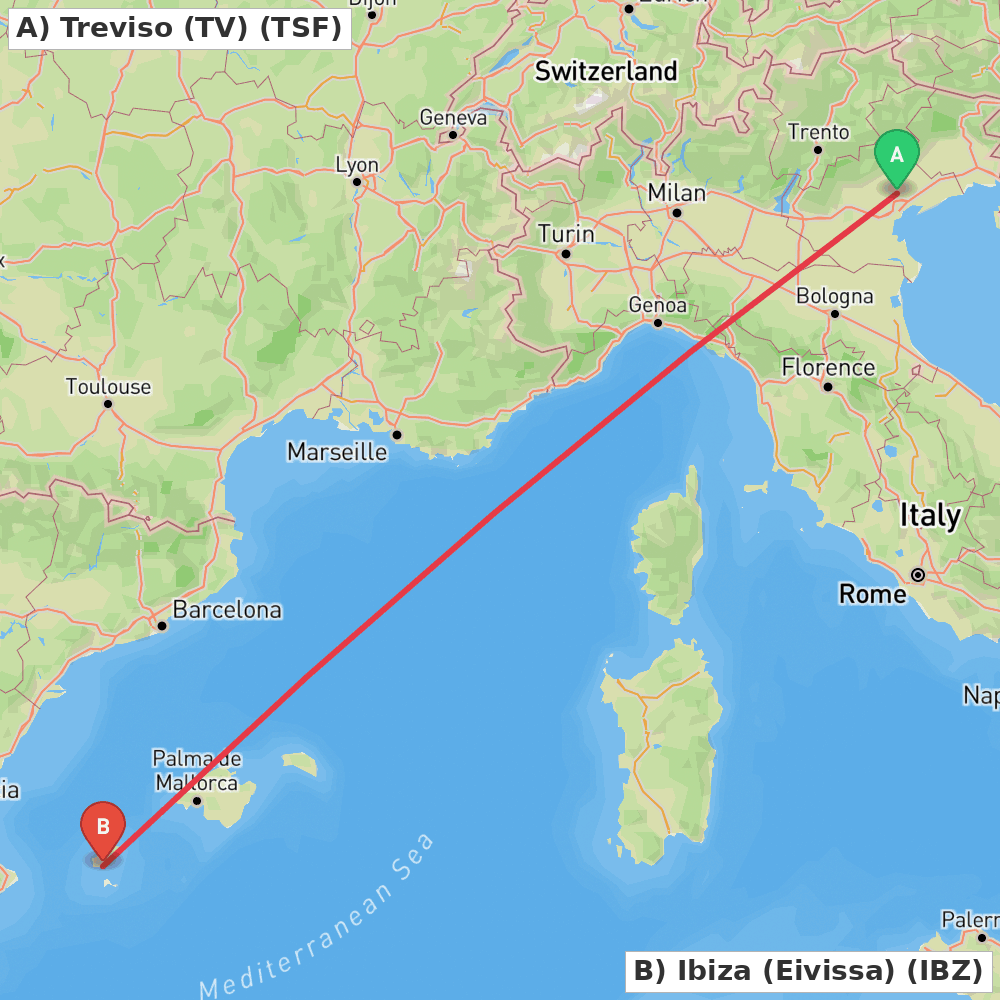 Flight route map from Treviso (TV) to Ibiza (Eivissa)