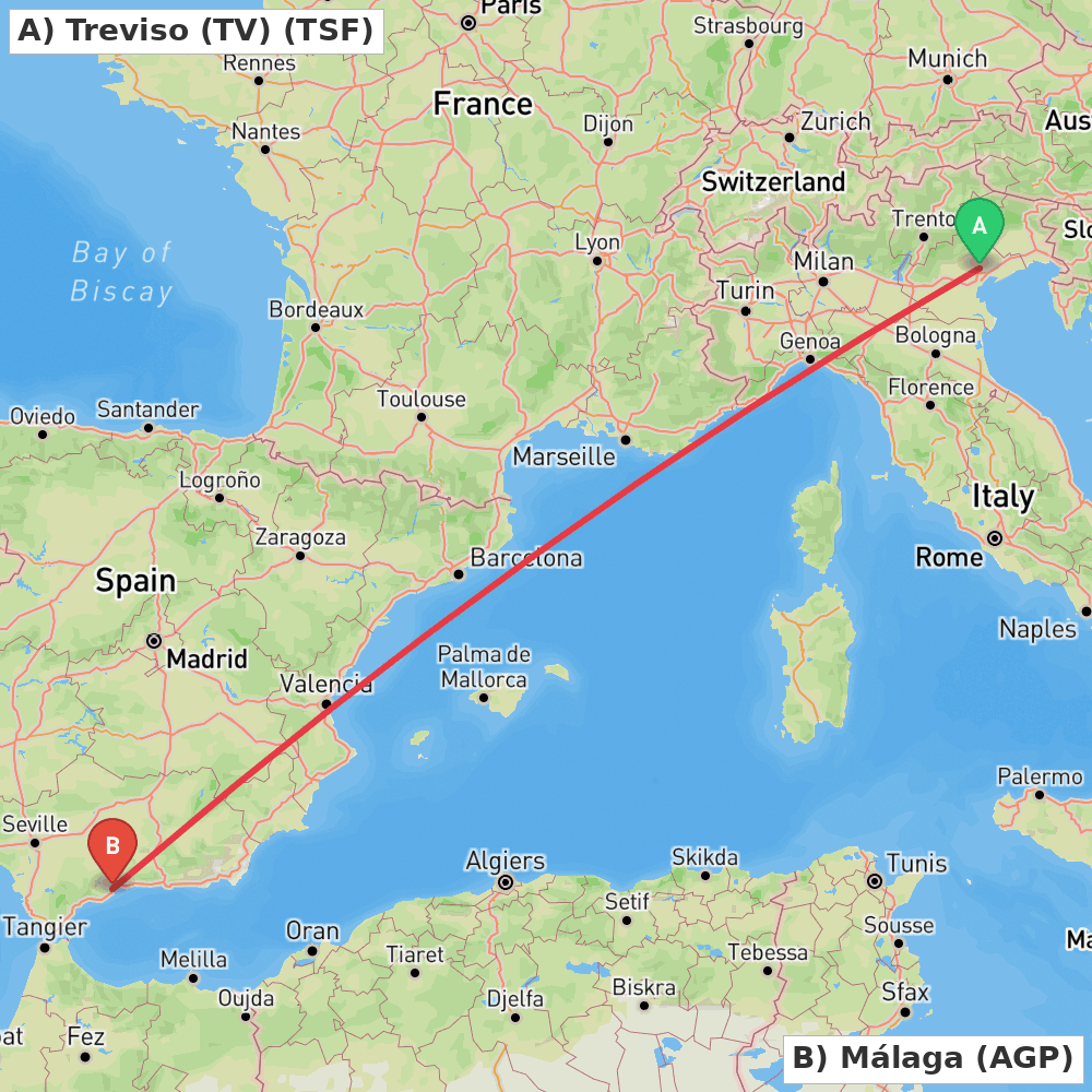 Flight route map from Treviso (TV) to Málaga