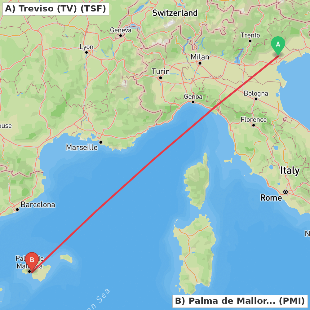 Flight route map from Treviso (TV) to Palma de Mallorca