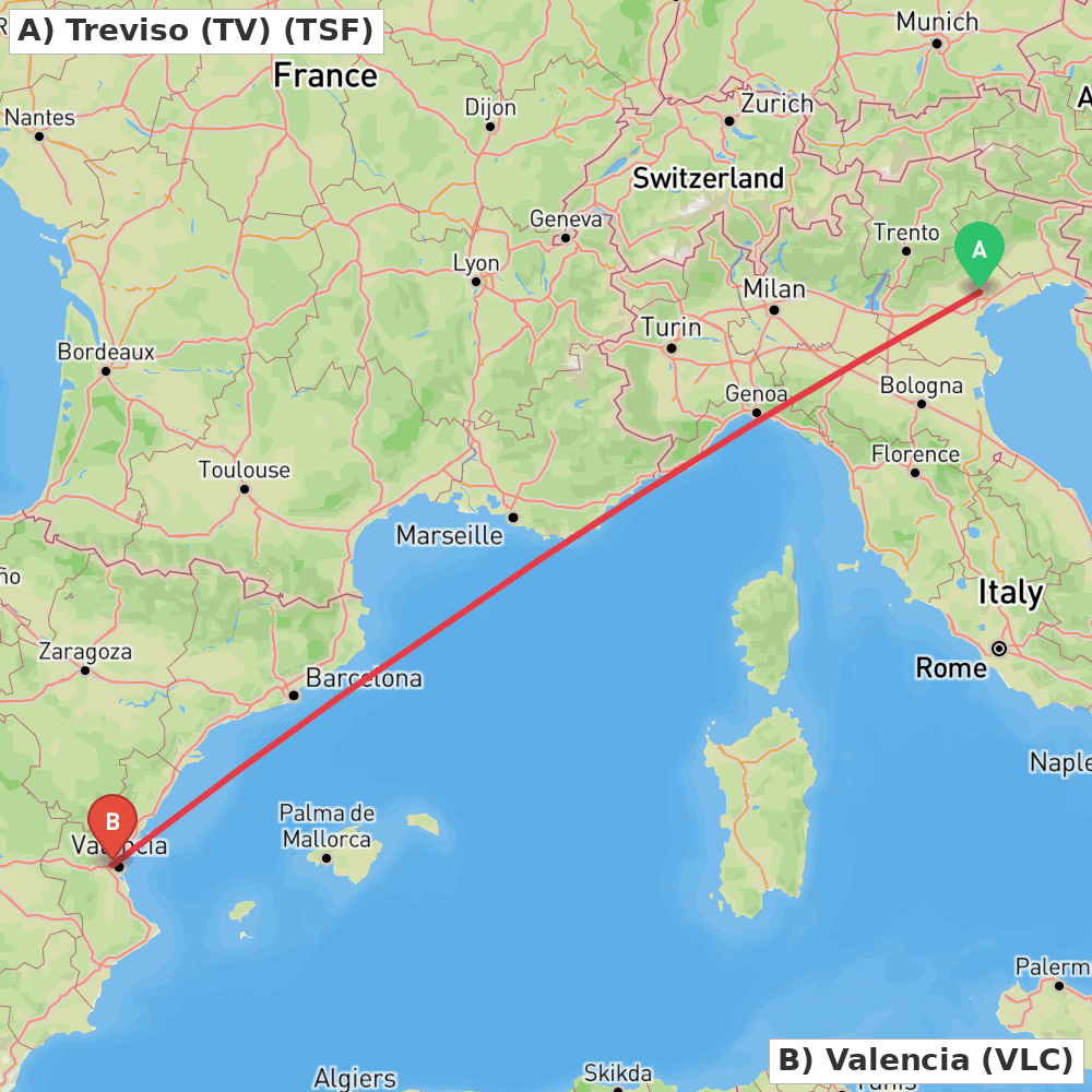 Flight route map from Treviso (TV) to Valencia