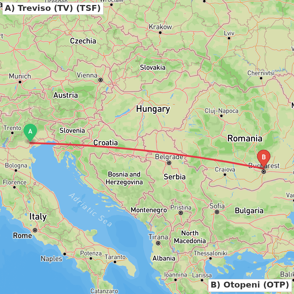 Flight route map from Treviso (TV) to Otopeni