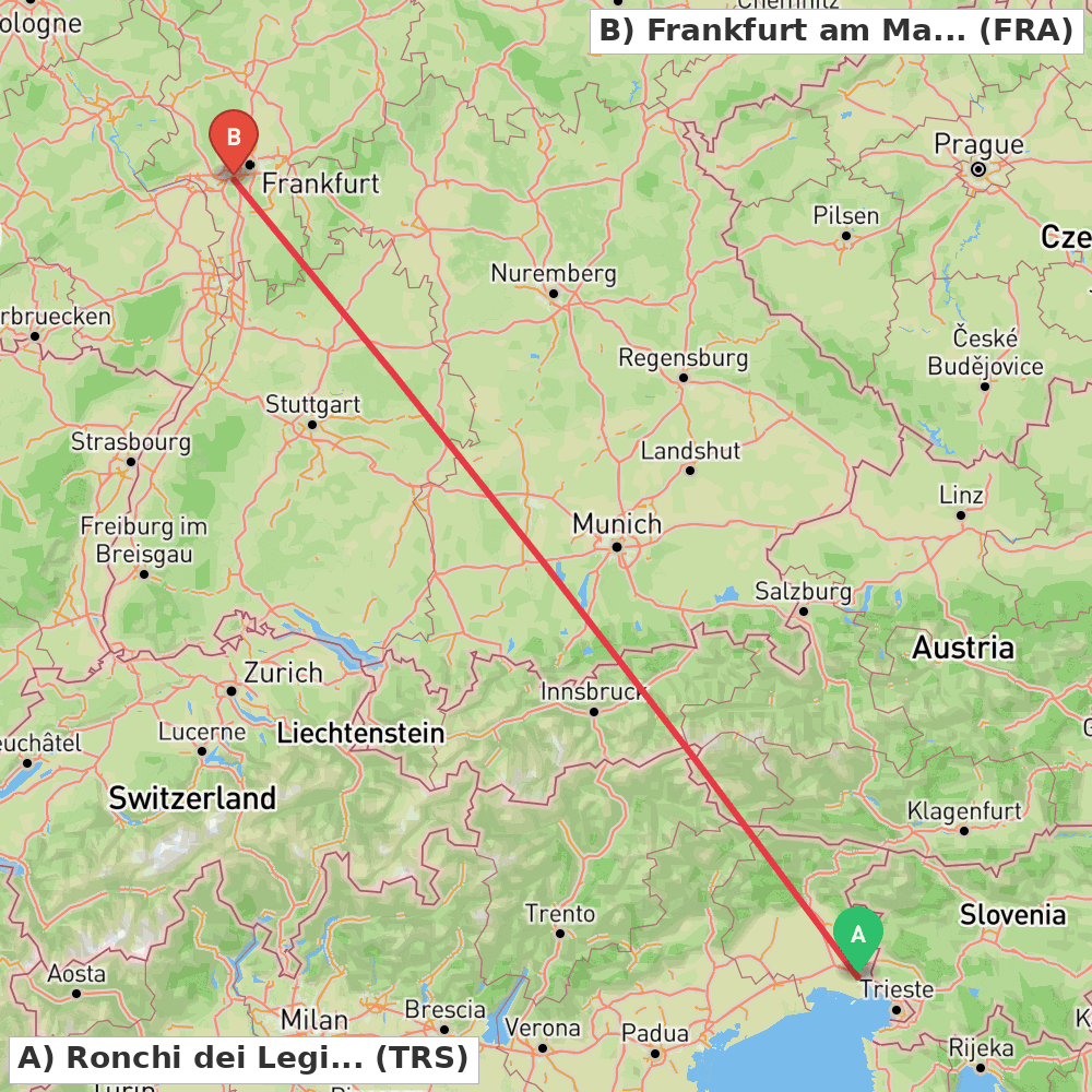 Flight route map from Ronchi dei Legionari (GO) to Frankfurt am Main