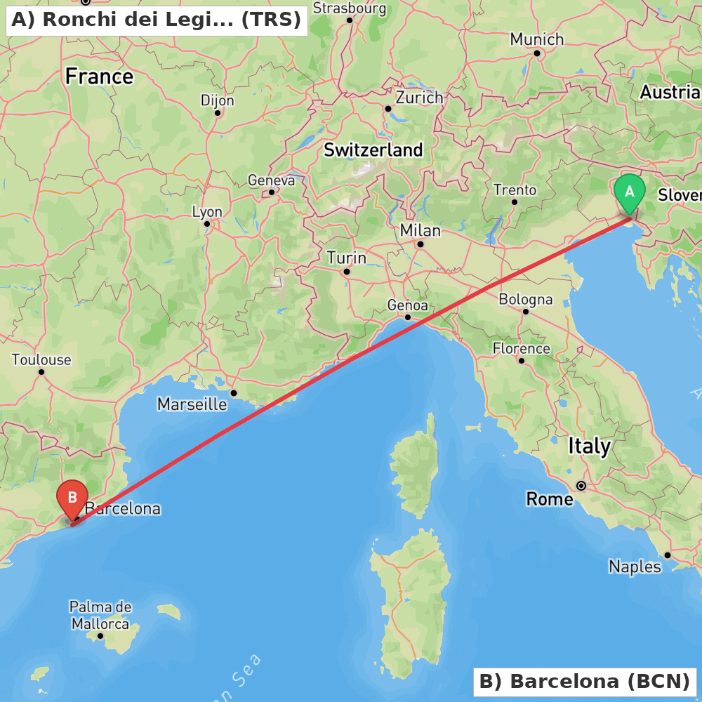 Flight route map from Ronchi dei Legionari (GO) to Barcelona