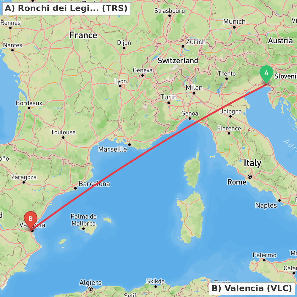 Flight route map from Ronchi dei Legionari (GO) to Valencia
