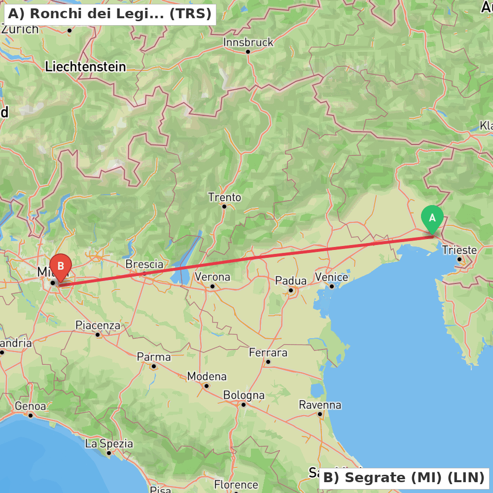 Flight route map from Ronchi dei Legionari (GO) to Segrate (MI)