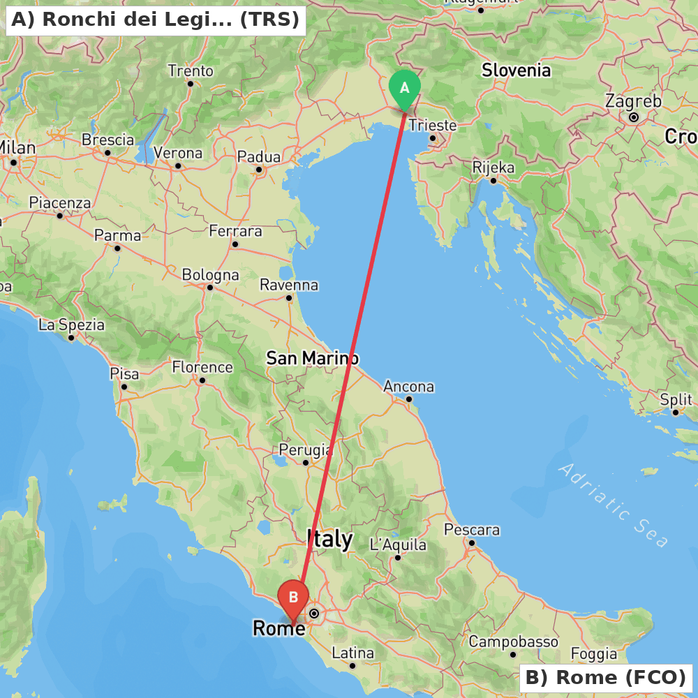 Flight route map from Ronchi dei Legionari (GO) to Rome