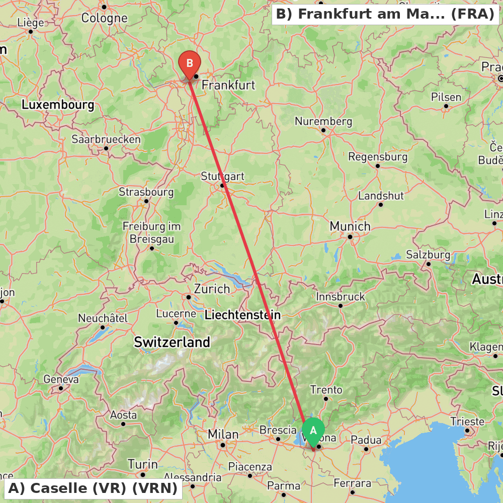 Flight route map from Caselle (VR) to Frankfurt am Main