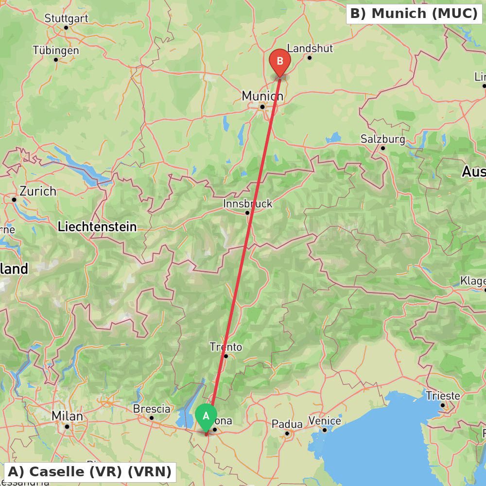 Flight route map from Caselle (VR) to Munich