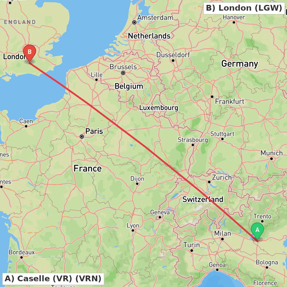 Flight route map from Caselle (VR) to London