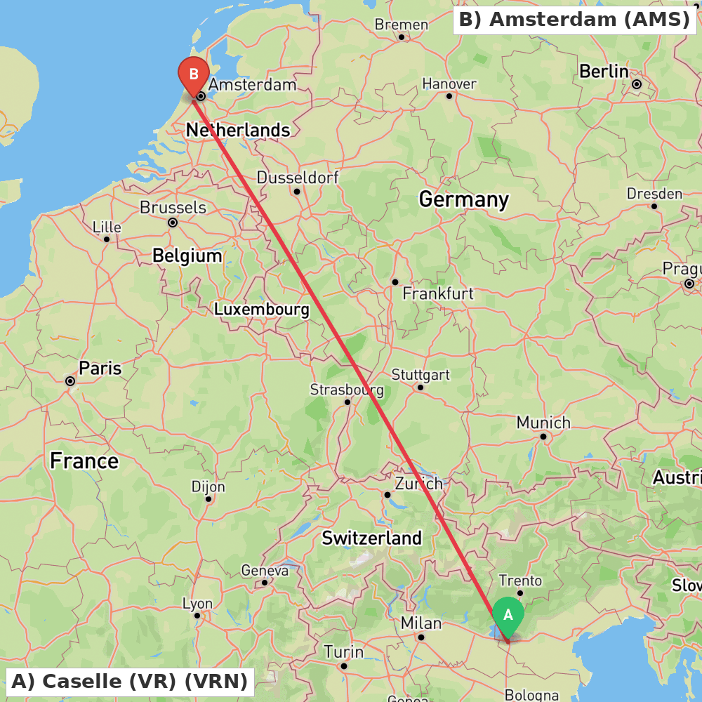 Flight route map from Caselle (VR) to Amsterdam